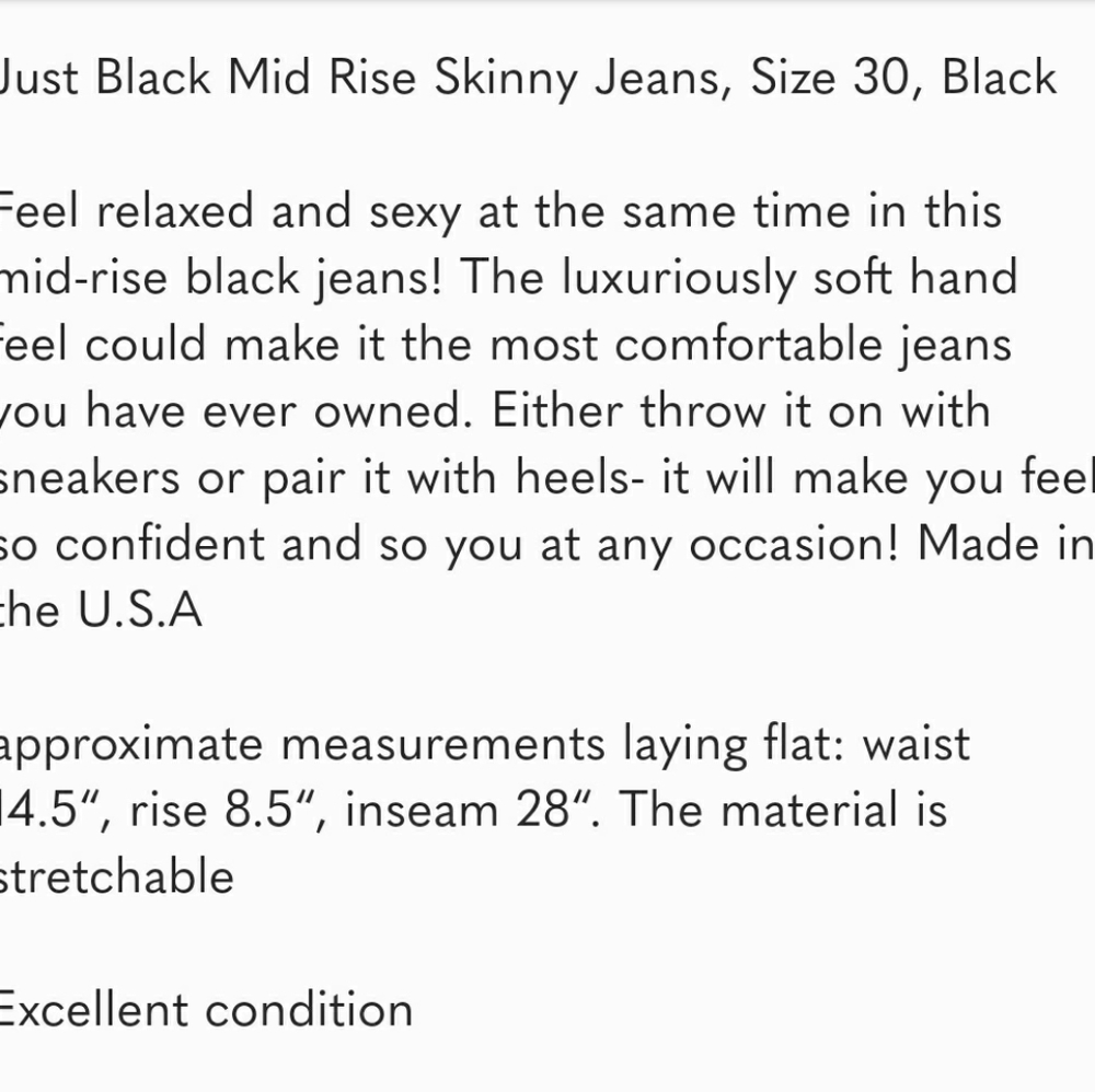 Just Black Mid Rise Skinny Jeans, Size 30
